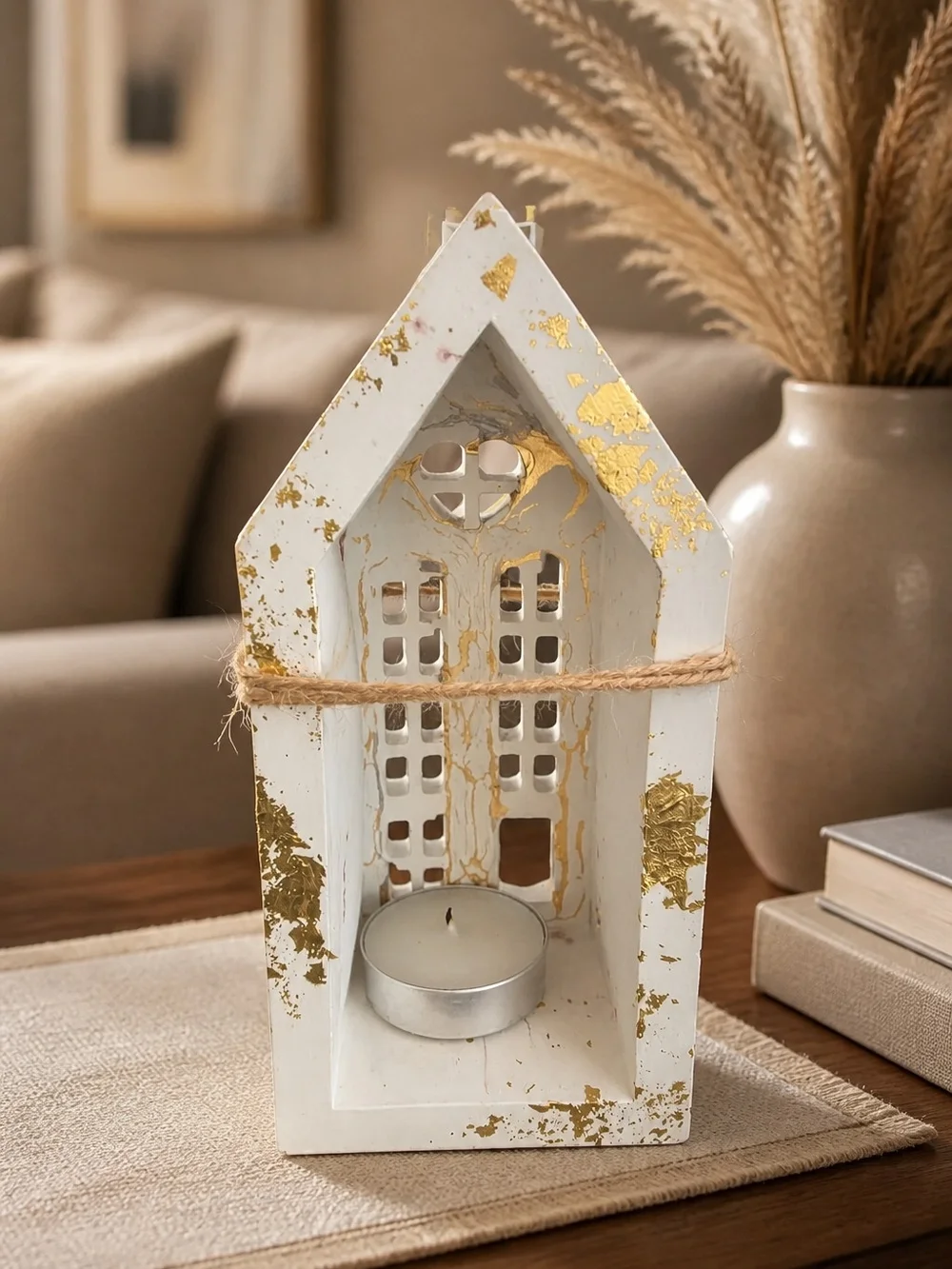 White and Gold Barn Tealight House Candle Holder